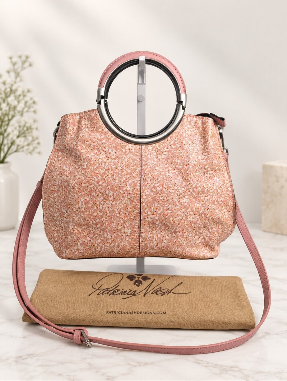 Patricia Nash Pink Floral Leather Satchel Bag with Ring Handles